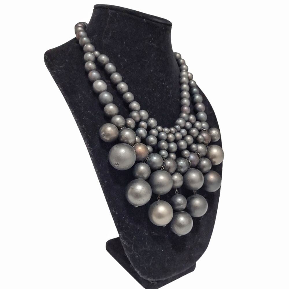 Vintage Bauble Pearl Bead Necklace Gray Bronze Statement Piece Costume Jewelry - Picture 2 of 8